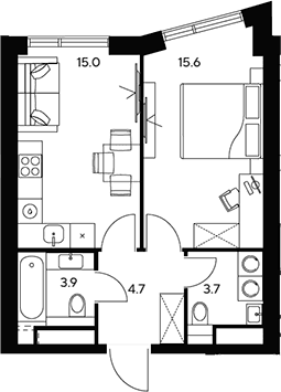 Планировка: 1-комнатная квартира 42,9 м² в ЖК «НЕКСУС от Аквилон»