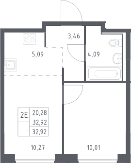 Планировка: Евродвушка 32,9 м² в ЖК «Прибрежный Парк»