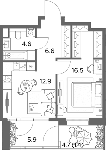 Планировка: 1-комнатная квартира 46,5 м² в ЖК «Станиславский»