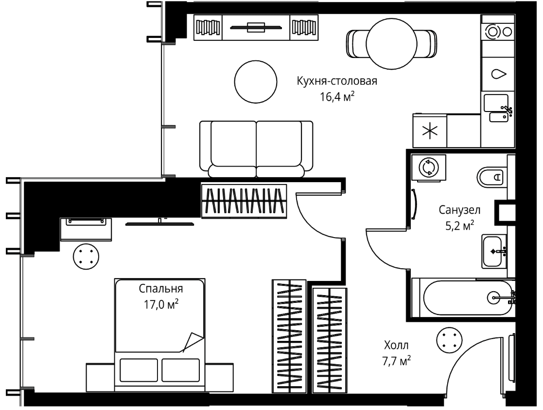 Планировка: 1-комнатная квартира 46,3 м² в ЖК «Веер»