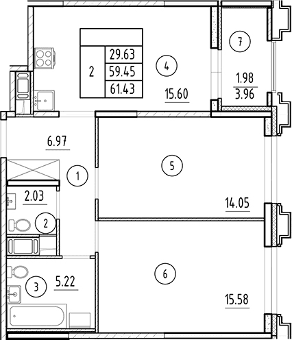 Планировка: Евротрёшка 59,5 м² в ЖК «Ассамблея»