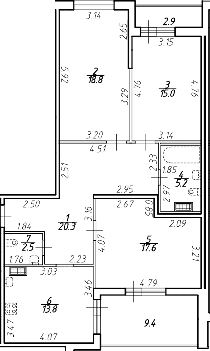 Планировка: 3-комнатная квартира 92,5 м² в ЖК «Ингрия Лэнд»