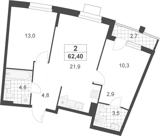 Планировка: Евротрёшка 61,1 м² в ЖК «Деснаречье»