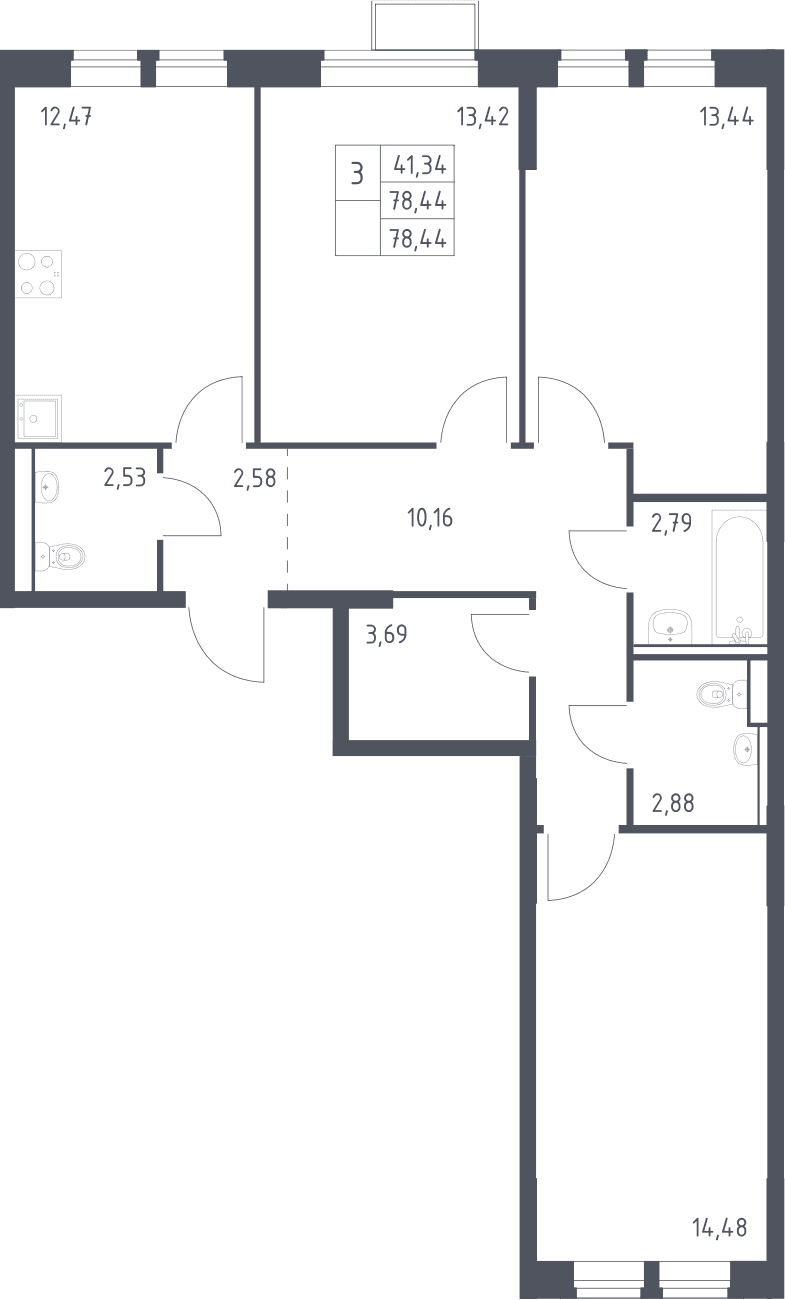 Планировка: 3-комнатная квартира 78,4 м² в ЖК «Молжаниново»