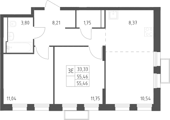 Планировка: Евротрёшка 55,5 м² в ЖК «Квартал Строгино»