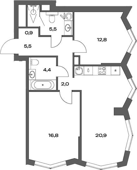 Планировка: Евротрёшка 69,9 м² в ЖК «Акценты»