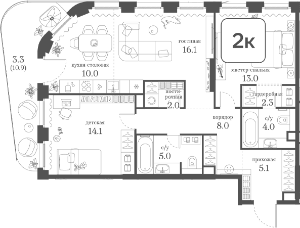 Планировка: 2-комнатная квартира 79,6 м² в ЖК «Муза»