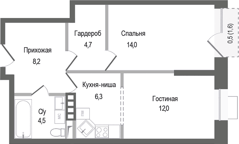 Планировка: Евродвушка 49,7 м² в ЖК «Киноквартал»
