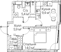 Планировка: 1-комнатная квартира 36,3 м² в ЖК «СЕЗАР БУДУЩЕЕ»