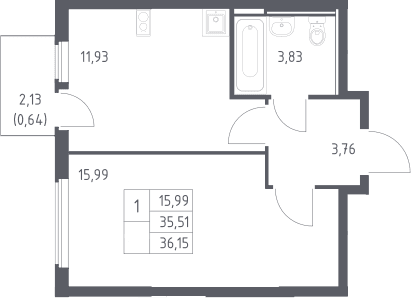 Планировка: 1-комнатная квартира 35,5 м² в ЖК «Остафьево»