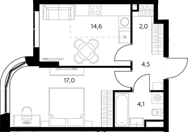 Планировка: 1-комнатная квартира 42,4 м² в ЖК «Адмирал»