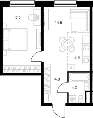 Планировка: Евродвушка 47,3 м² в ЖК «Адмирал»