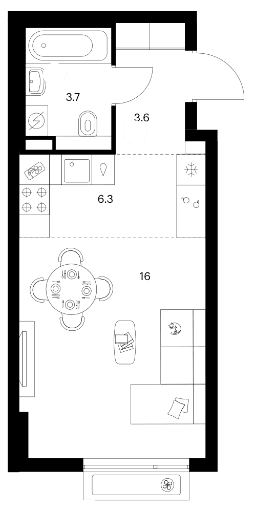 Планировка: Студия 29,6 м² в ЖК «Белая Дача парк»