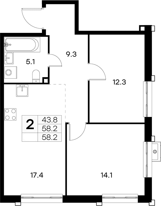Планировка: Евротрёшка 58,2 м² в ЖК «Куркино 15»