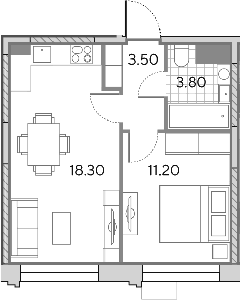 Планировка: Евродвушка 36,8 м² в ЖК «Вейв»