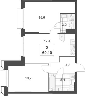 Планировка: Евротрёшка 60,1 м² в ЖК «Южные сады»