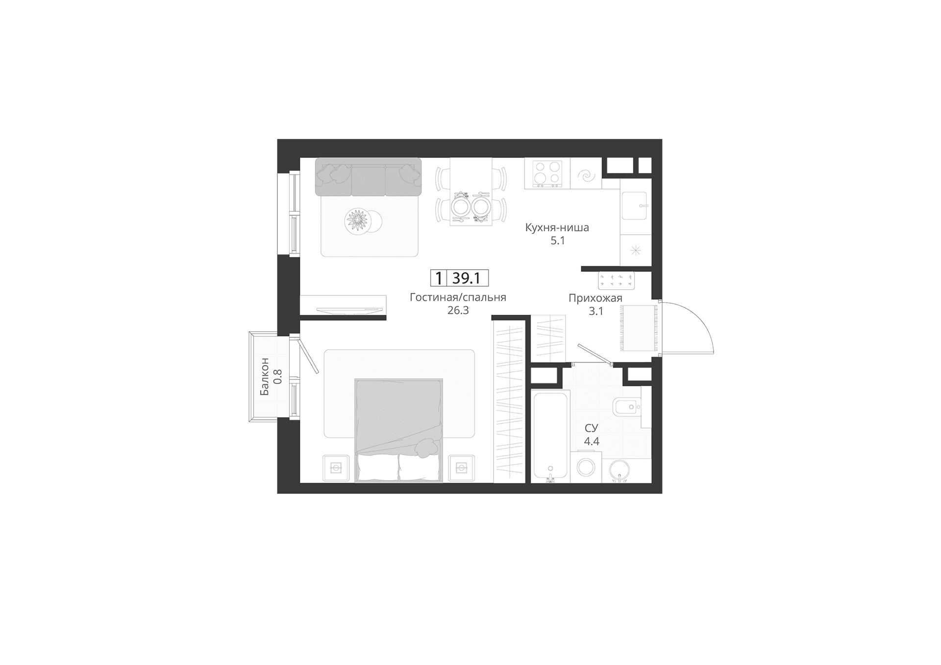 Планировка: Студия 38,9 м² в ЖК «ГРЭЙ»