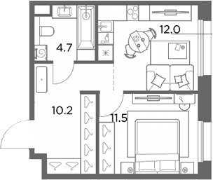 Планировка: 1-комнатная квартира 38,4 м² в ЖК «Станиславский»