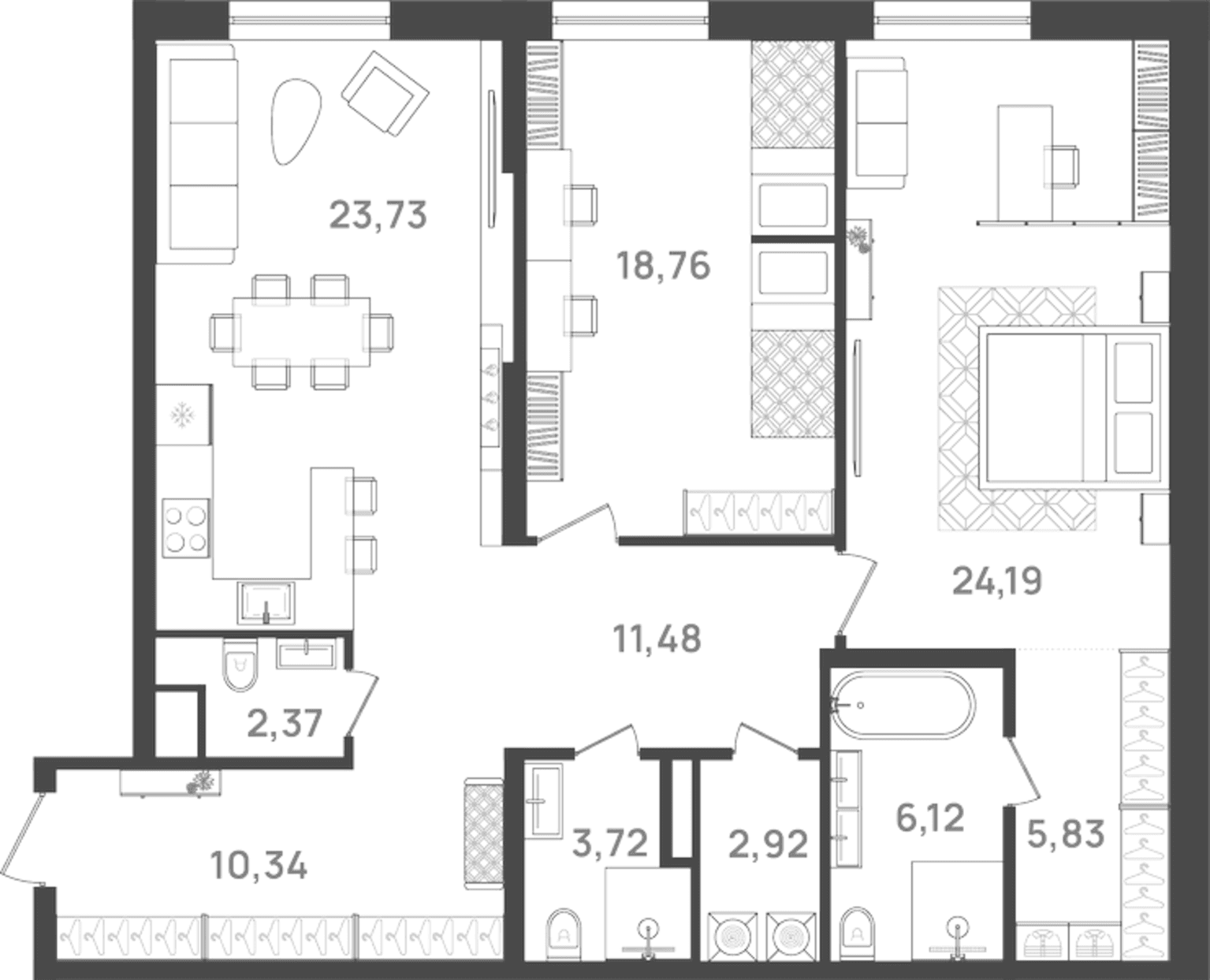 Планировка: Евротрёшка 111,2 м² в ЖК «6 Квартал»