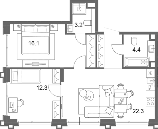 Планировка: Евротрёшка 62,3 м² в ЖК «ОМ Ботанический»