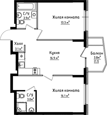 Планировка: 2-комнатная квартира 56,3 м² в ЖК «Коллекция»