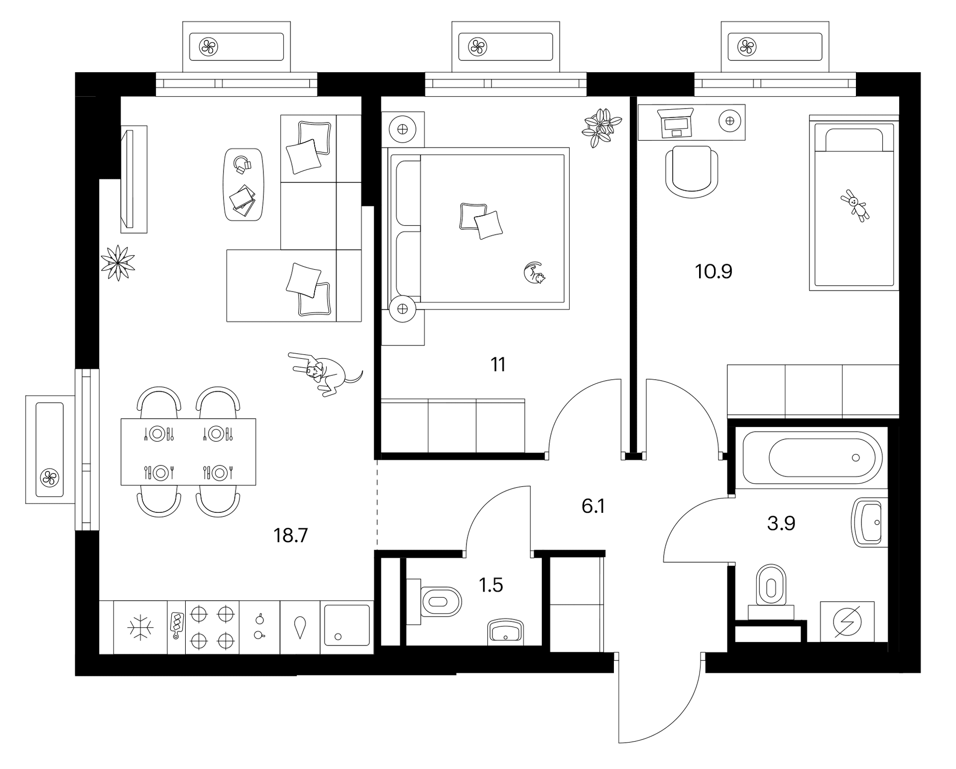 Планировка: 2-комнатная квартира 52,1 м² в ЖК «Белая Дача парк»