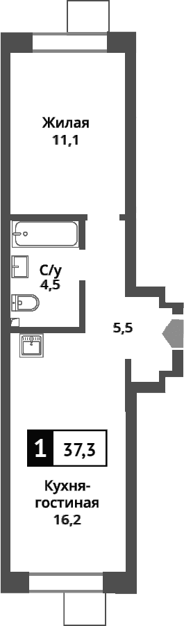 Планировка: Евродвушка 37,3 м² в ЖК «Никольский квартал Отрада»