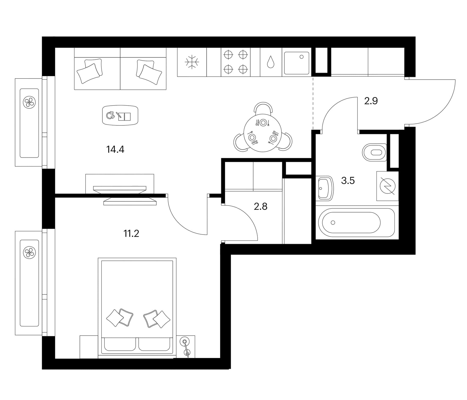 Планировка: 1-комнатная квартира 34,8 м² в ЖК «Зеленый парк»