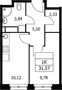 Планировка: 1-комнатная квартира 31,6 м² в ЖК «Волковская 67»