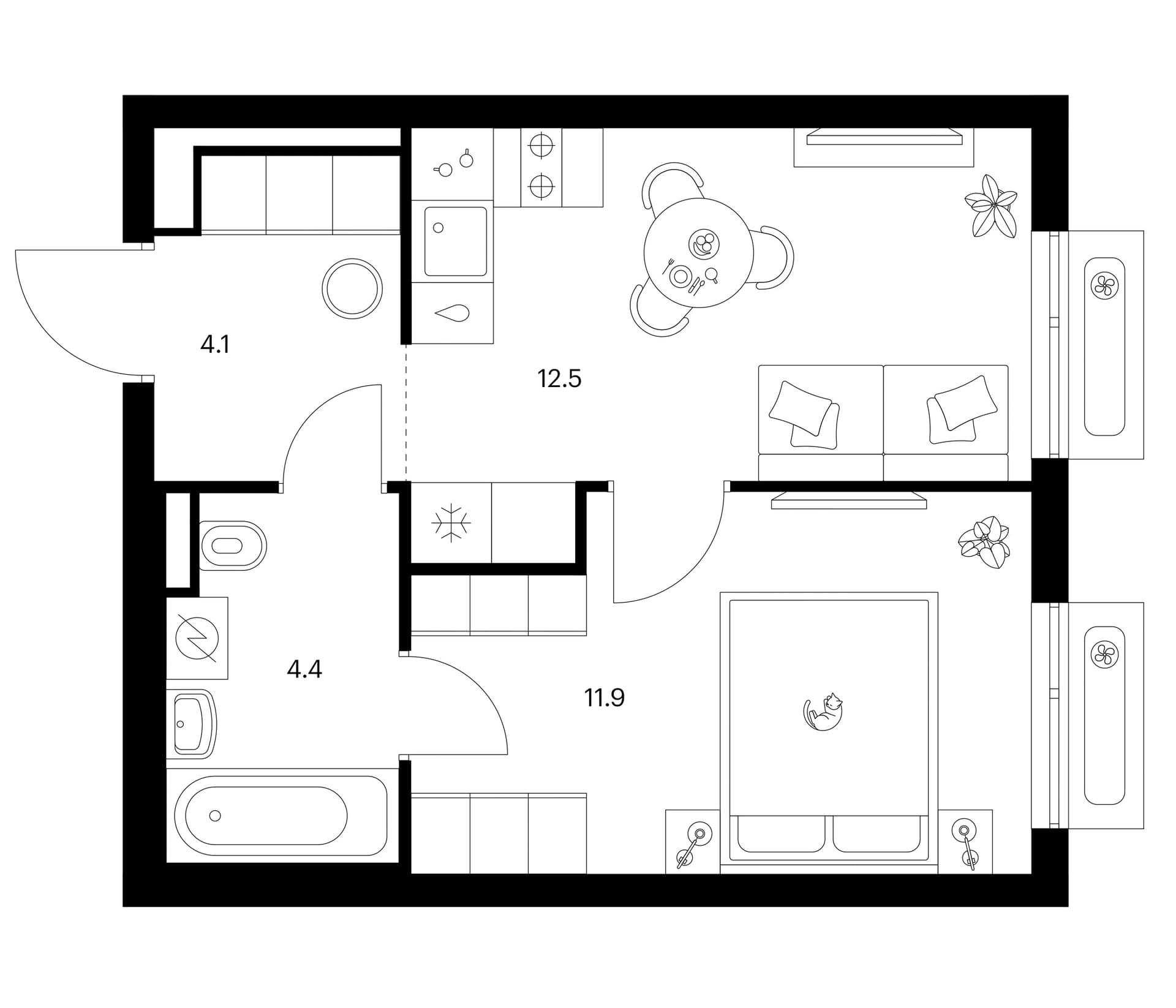 Планировка: 1-комнатная квартира 32,9 м² в ЖК «Зеленый парк»