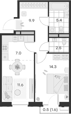 Планировка: Евродвушка 50,7 м² в ЖК «Михалевич»