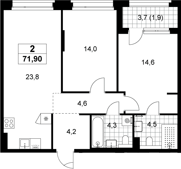 Планировка: Евротрёшка 70 м² в ЖК «Хольм»