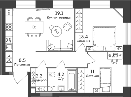 Планировка: Евротрёшка 58,4 м² в ЖК «ЭРА»
