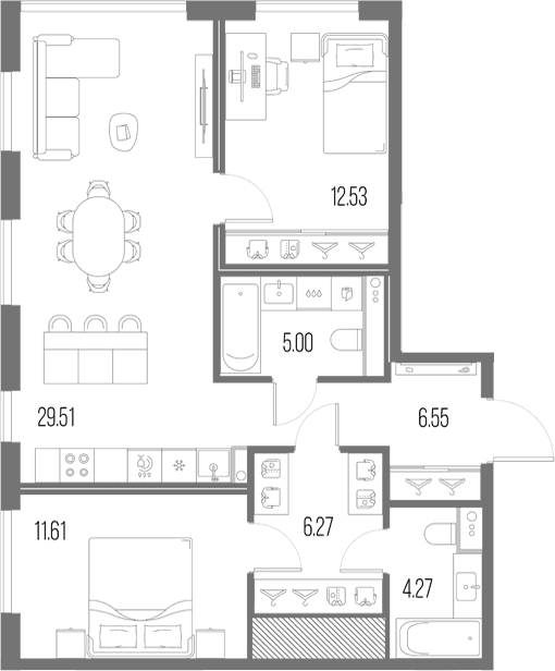 Планировка: Евротрёшка 75,7 м² в ЖК «Легенда у Моря»