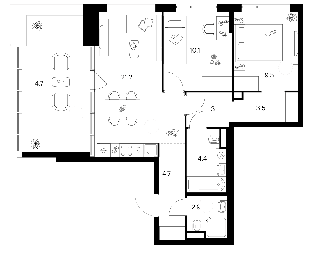 Планировка: 2-комнатная квартира 59,3 м² в ЖК «Бунинская набережная»