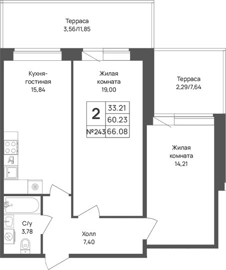 Планировка: Евротрёшка 60,2 м² в ЖК «Капральский берег»