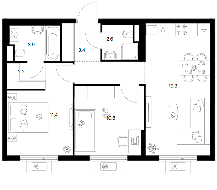 Планировка: 2-комнатная квартира 57,1 м² в ЖК «Белая Дача парк»