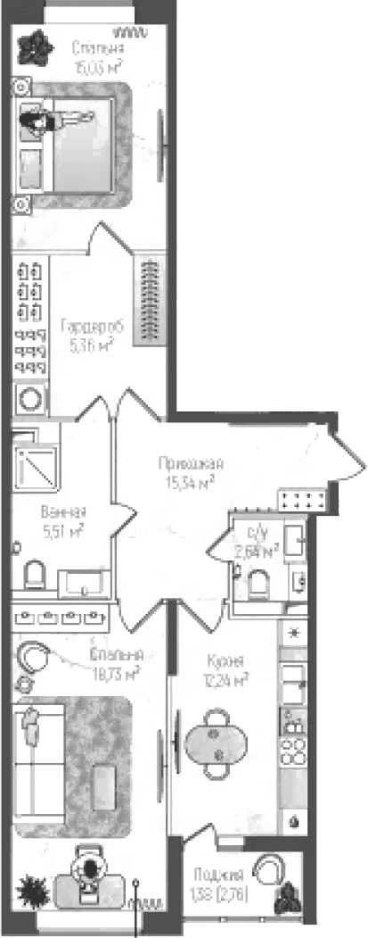 Планировка: 2-комнатная квартира 74,9 м² в ЖК «Рига Хиллс»