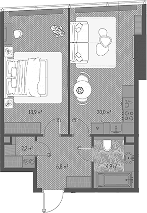 Планировка: Евродвушка 52,8 м² в ЖК «ОНЕ»