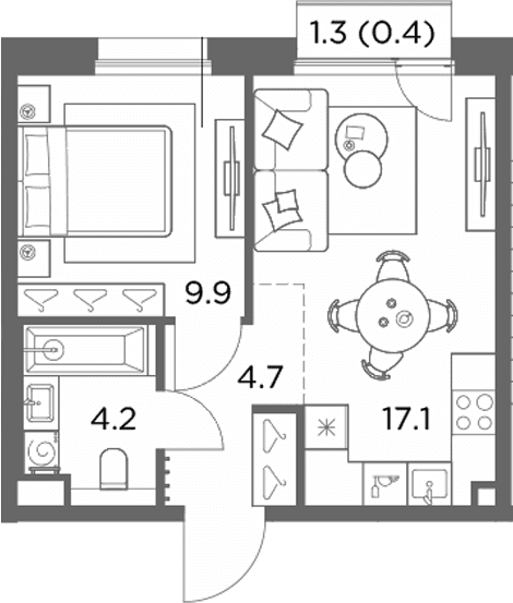 Планировка: 1-комнатная квартира 35,9 м² в ЖК «Станиславский»