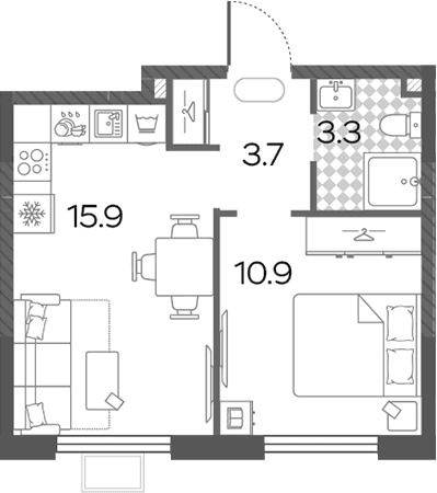 Планировка: Евродвушка 33,8 м² в ЖК «Лучи»
