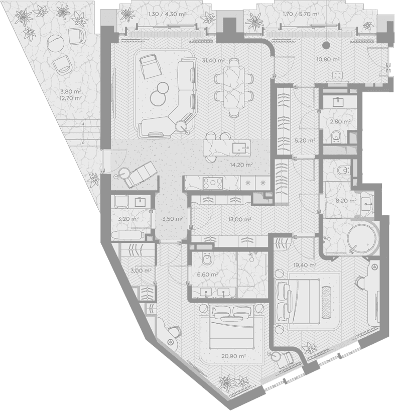 Планировка: 2-комнатная квартира 142,2 м² в ЖК «Николь»