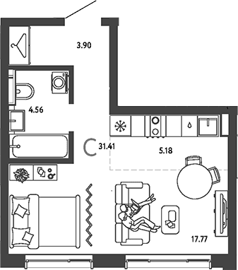 Планировка: Студия 31,4 м² в ЖК «Страна.Парковая»