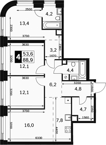 Планировка: Квартира евро-4 88,9 м² в ЖК «Амбер Сити»