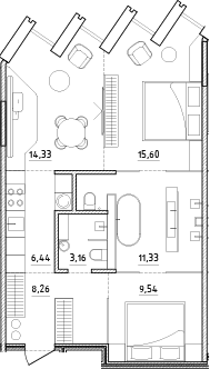 Планировка: Евротрёшка 68,7 м² в ЖК «Zen»