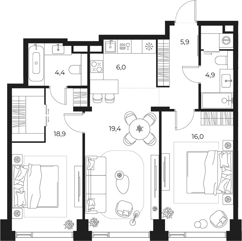Планировка: Евротрёшка 75,5 м² в ЖК «МАСТЕРС»