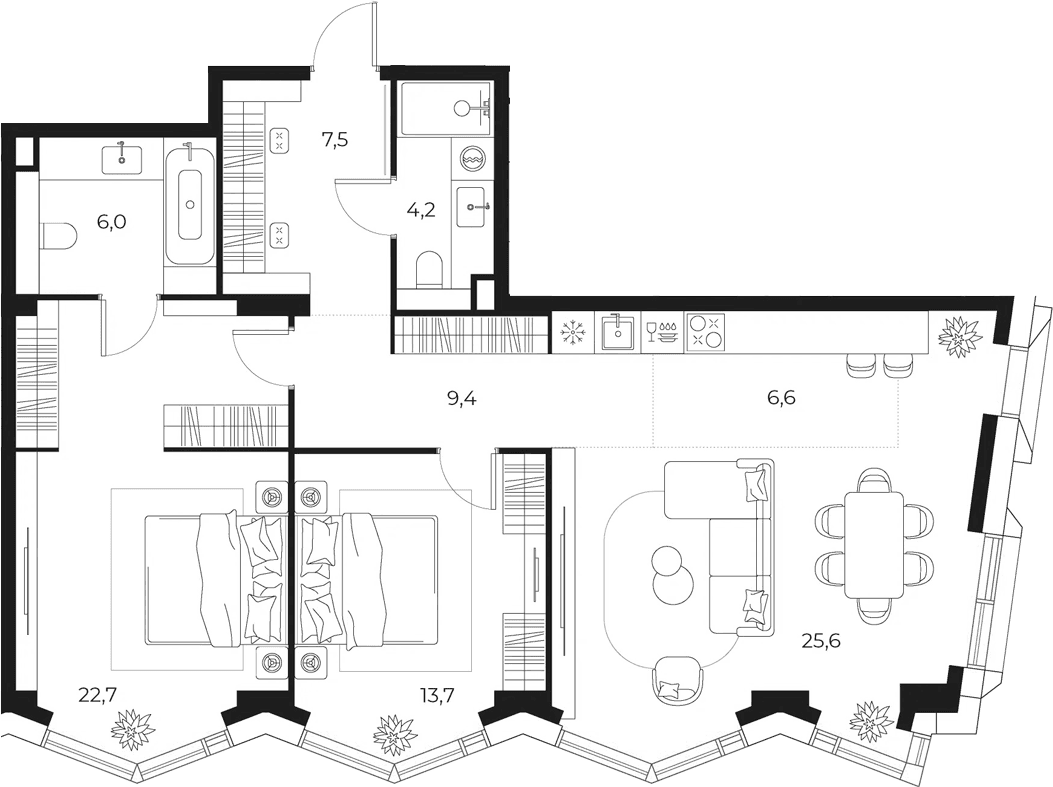Планировка: Евротрёшка 95,7 м² в ЖК «МАСТЕРС»