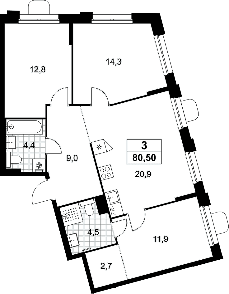 Планировка: Квартира евро-4 80,5 м² в ЖК «Прокшино»