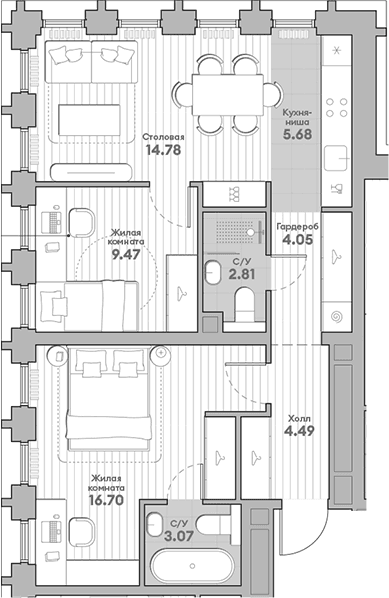 Планировка: Евротрёшка 61,1 м² в ЖК «ИНДИВО»