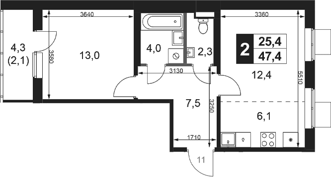 Планировка: Евродвушка 45,3 м² в ЖК «1-й Ясеневский»